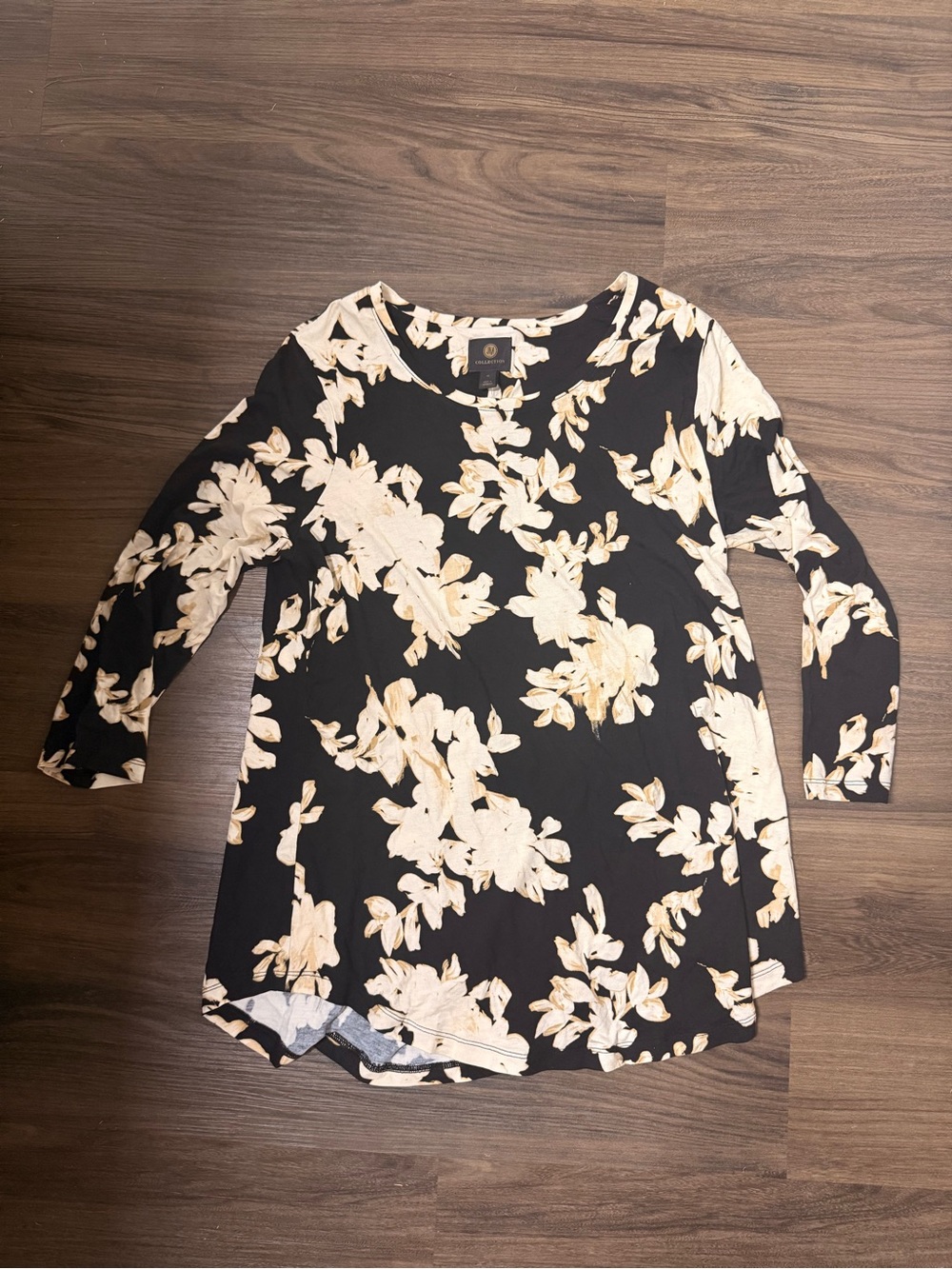JM Collection Floral Scoop Neck Long Sleeve Top - Black and Cream